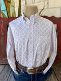 Men's natural and tan geometric-print long-sleeve shirt with button-down collar, light front buttons and embroidered chest pocket — Blair's Western Wear Marble Falls TX