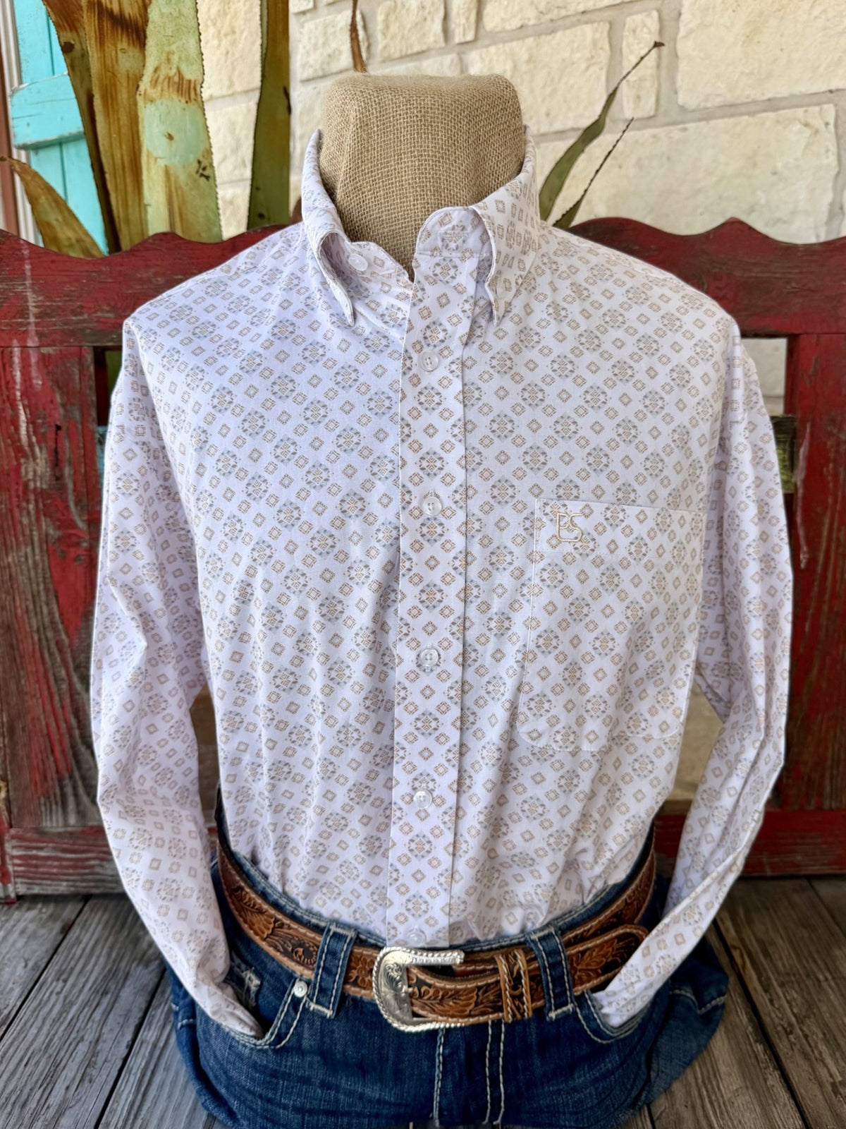 Men's natural and tan geometric-print long-sleeve shirt with button-down collar, light front buttons and embroidered chest pocket — Blair's Western Wear Marble Falls TX