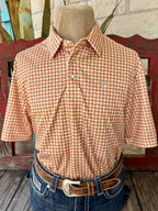 Men's short-sleeve white polo with small rust cactus print, pointed collar, partial snap placket and contrasting embroidered chest detail — Blair's Western Wear Marble Falls TX