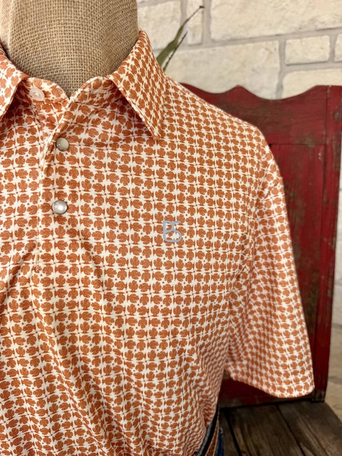 Men's Panhandle Slim White and Rust Cactus Print Snap Polo