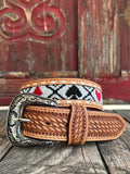 TACKRUS Belt Beaded in natural, white, black, red, featuring full-grain leather for durability, with poker-themed beading and a removable buckle - 26RS118. Available at Blair's Western Wear, Marble Falls, TX.