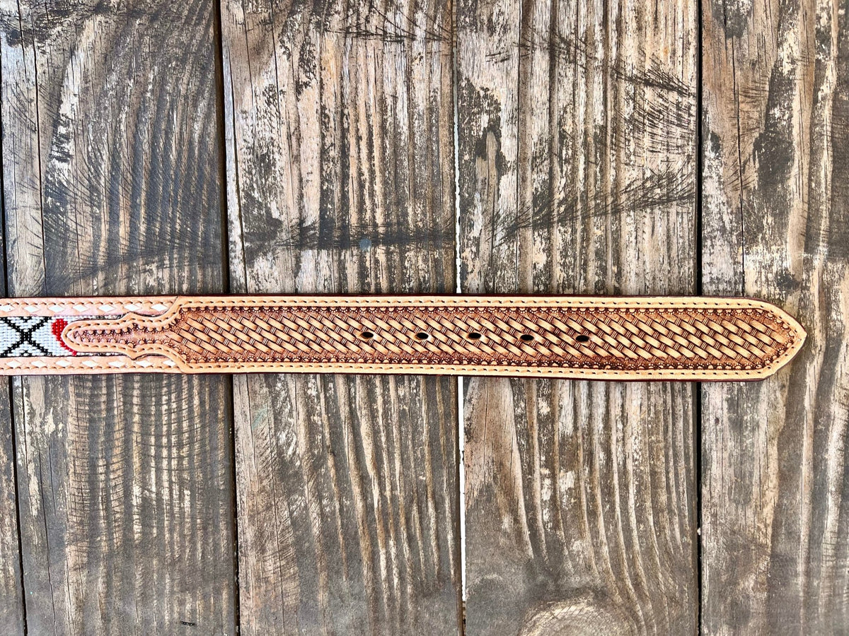 Men's Poker Beaded Tooled Leather Belt