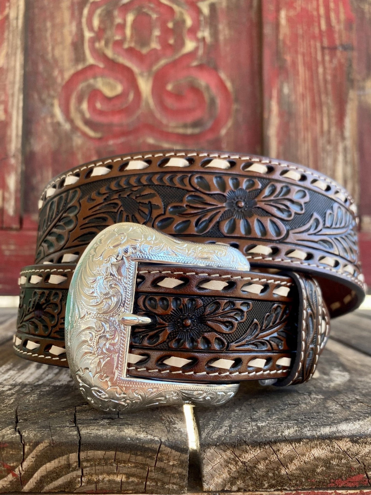 Men's Raw Stitch Tooled Leather Belt