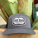 Charcoal cap with white Fast Back Ropes patch, black lettering, orange accents and tonal bill stitching — Blair's Western Wear Marble Falls TX