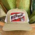 Men's tan cap with red-and-white logo patch, engine graphic, lightning accents and contrast bill stitching — Blair's Western Wear Marble Falls TX