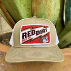 Men's tan cap with red-and-white logo patch, engine graphic, lightning accents and contrast bill stitching — Blair's Western Wear Marble Falls TX