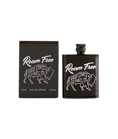 Men's Red Dirt Hat Co. Roam Free 3.4 fl oz matte black flask-style eau de parfum bottle with bison logo and matching gift box — Blair's Western Wear Marble Falls TX
