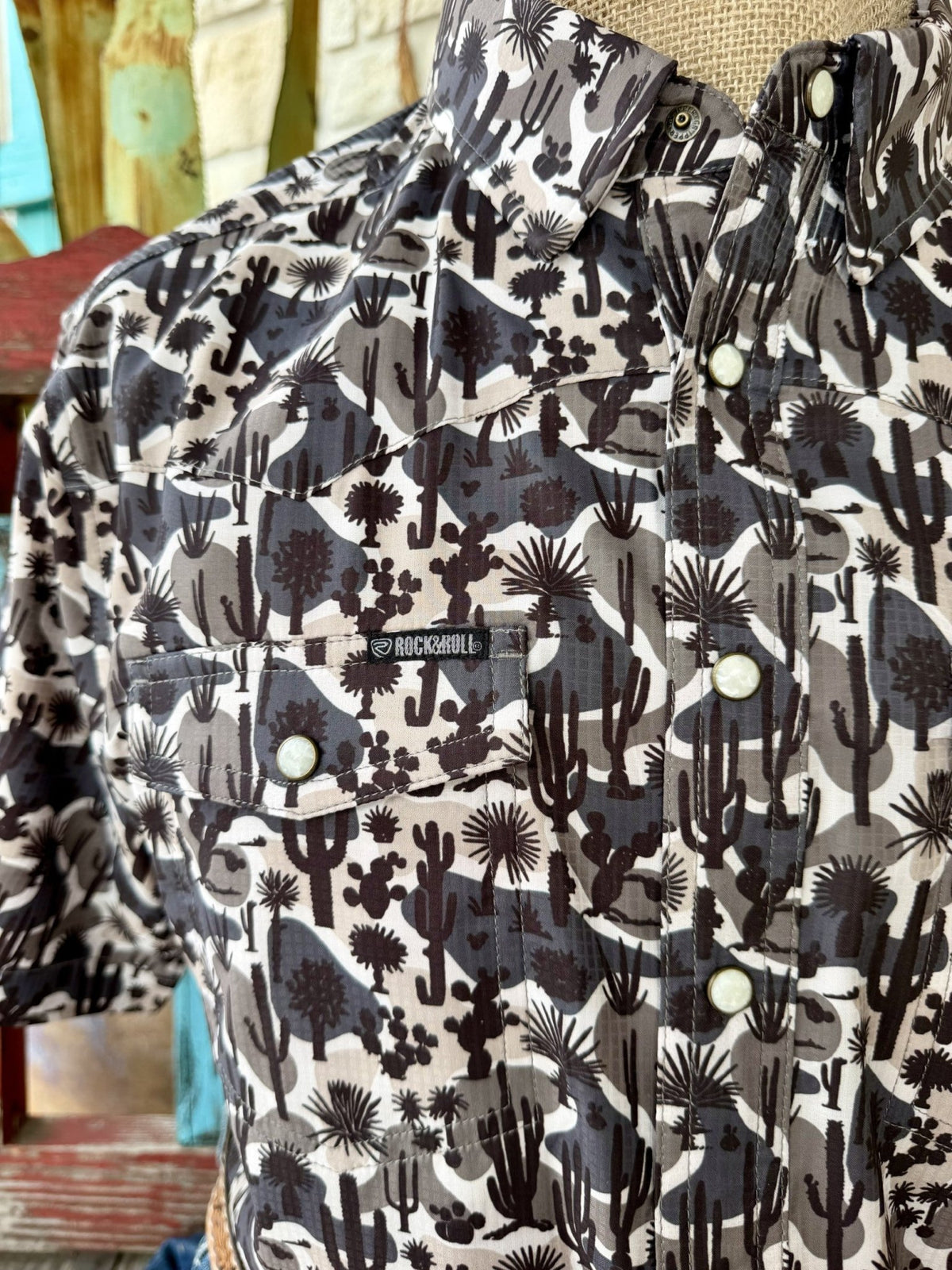 Men's Rock & Roll Cactus Print Short Sleeve Snap Shirt