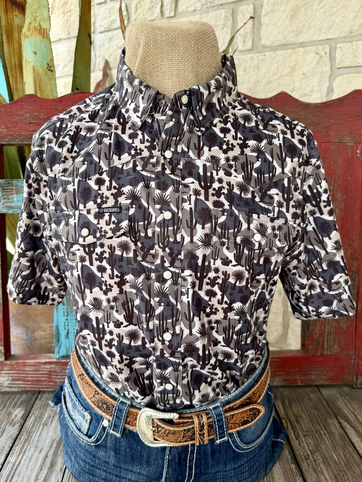 Men's Rock & Roll Cactus Print Short Sleeve Snap Shirt BMN3S09446 - Blair's Western Wear Marble Falls TX