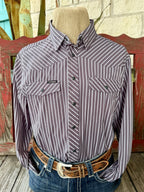 Men's charcoal long-sleeve shirt with narrow white vertical stripes, pointed collar, dark snap-front closure, angled Western yokes and two snap-flap chest pockets — Blair's Western Wear Marble Falls TX