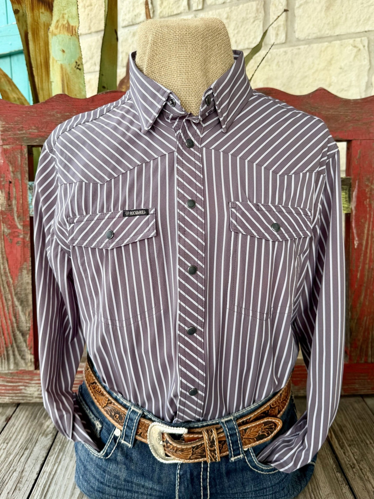 Men's charcoal long-sleeve shirt with narrow white vertical stripes, pointed collar, dark snap-front closure, angled Western yokes and two snap-flap chest pockets — Blair's Western Wear Marble Falls TX