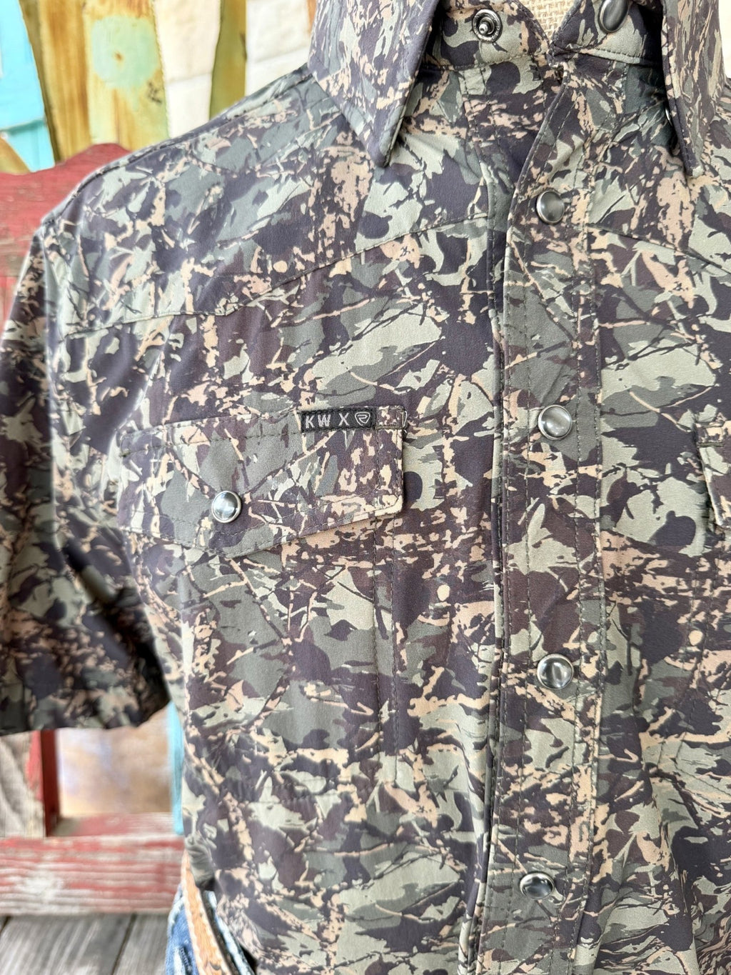 Men's Rock & Roll Hunter Green Camo Short Sleeve Snap Shirt