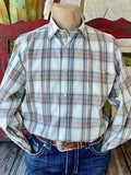 Men's Roper Shirt Long-Sleeve Twill Plaid in white, orange, and blue, featuring durable twill fabric and snap-button front - 1010620235. Available at Blair's Western Wear, Marble Falls, TX.