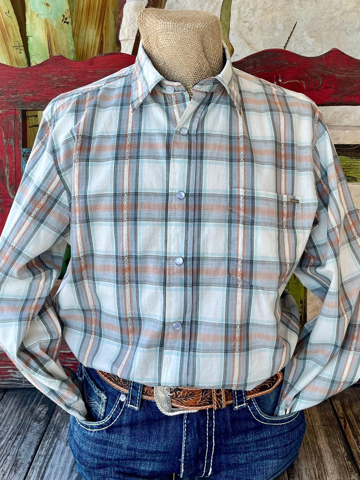 Men's Roper Shirt Long-Sleeve Twill Plaid in white, orange, and blue, featuring durable twill fabric and snap-button front - 1010620235. Available at Blair's Western Wear, Marble Falls, TX.