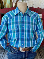 Men's Roper Western Shirt in blue and teal plaid, featuring a vibrant pattern with functional snap pockets - 3012783017. Available at Blair's Western Wear, Marble Falls, TX.