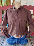 Men's Roper Long Sleeve in chocolate, crafted from 100% Cotton with Dual Chest Pockets for practicality and style - 301365734. Available at Blair's Western Wear, Marble Falls, TX.