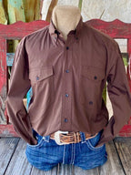 Men's Roper Long Sleeve in chocolate, crafted from 100% Cotton with Dual Chest Pockets for practicality and style - 301365734. Available at Blair's Western Wear, Marble Falls, TX.