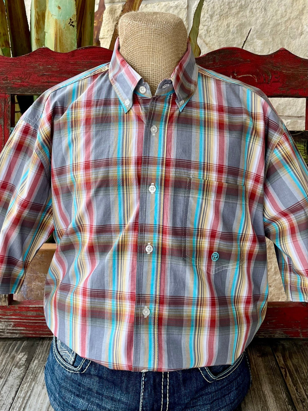 Men's Roper Plaid Short Sleeve Button-Down Shirt in Turquoise/Red/Grey, Lightweight cotton-blend fabric for breathable comfort, with classic button-down collar and chest pocket detail - 3023795016. Available at Blair's Western Wear, Marble Falls, TX.