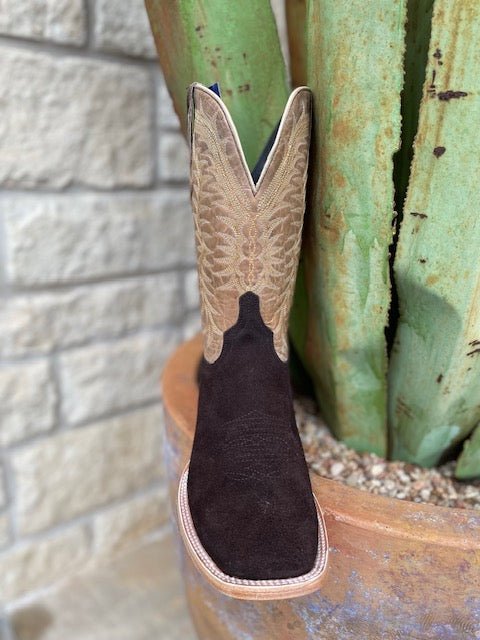 Chocolate and Tan Resistol Rough Out Leather Square Toe Roper Boot (RB0409062SS) - BLAIR'S Western Wear located in Marble Falls TX.