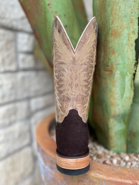 Chocolate and Tan Resistol Rough Out Leather Square Toe Roper Boot (RB0409062SS) - BLAIR'S Western Wear located in Marble Falls TX.