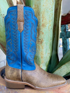 Side view of tan textured square-toe boot with bright blue stitched shaft, tan pull tab and dark piping — Blair's Western Wear Marble Falls TX