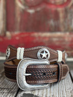 Men's Scalloped Star Concho Tooled Leather Belt