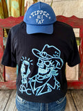 Men’s Sendero short sleeve graphic t-shirt in black with turquoise neon cowboy skull design, soft cotton blend for comfort, and relaxed fit for everyday wear - BRDWY BONES B. Available at Blair's Western Wear, Marble Falls, TX.