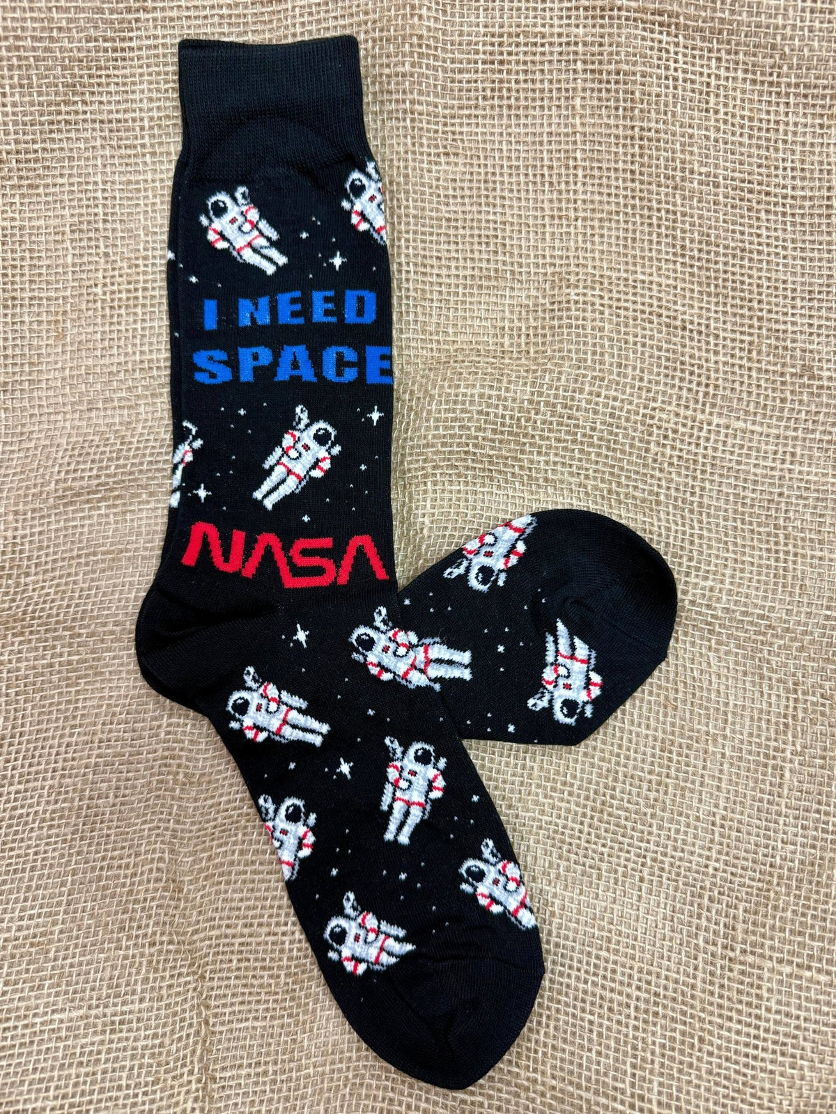 Men’s Socksmith NASA astronaut crew socks in black, made with a soft cotton blend for comfort, with reinforced heel and toe for long-lasting wear - MNC2648. Available at Blair's Western Wear, Marble Falls, TX.