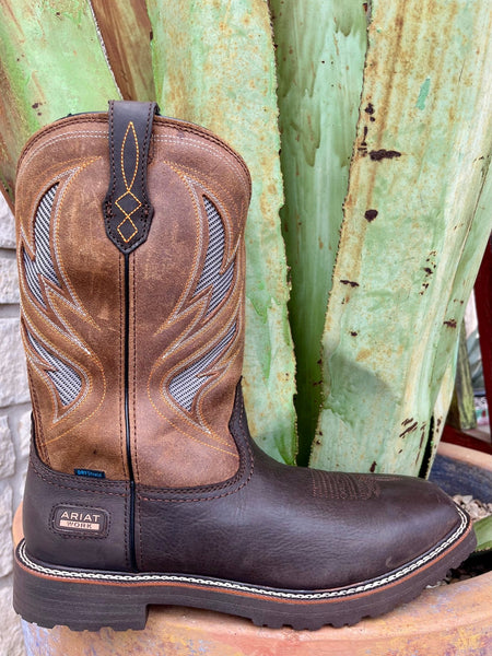 Men's Ariat Work Boots in Dark Brown/Wicker, featuring VentTEK™ mesh panels for breathability and DRYShield™ waterproof technology - 10061120. Available at Blair's Western Wear, Marble Falls, TX.