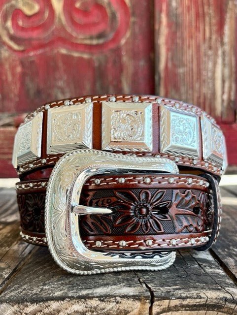 Men's Square Concho Studded Tooled Leather Belt
