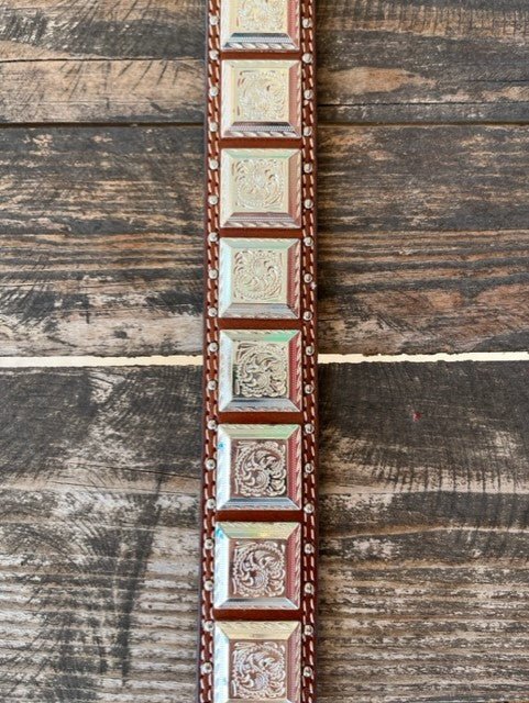 Men's Square Concho Studded Tooled Leather Belt