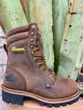 Men's Thorogood Logger Boots in brown, featuring waterproof leather and a Vibram outsole for superior traction - 804-3555. Available at Blair's Western Wear, Marble Falls, TX.