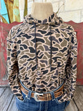 Men's tan, olive and black camouflage pullover hoodie with textured fabric, long sleeves, attached hood and dark drawstrings — Blair's Western Wear Marble Falls TX