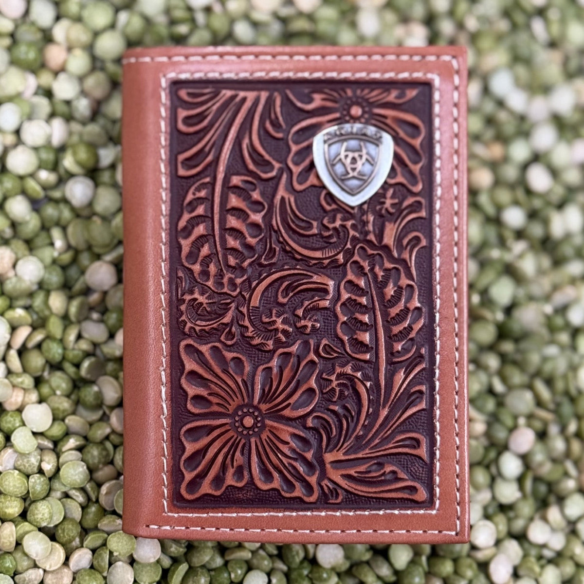 Men's Tan Tooled Leather Trifold Wallet