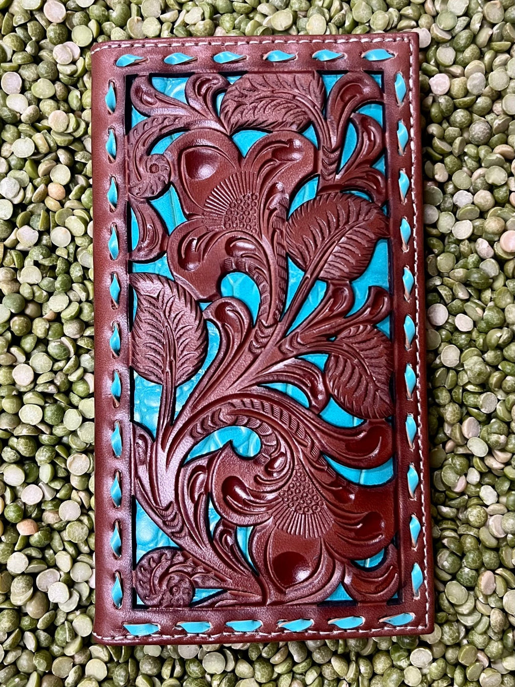 Men's Tan Tooled Leather Turquoise Underlay Whipstitch Checkbook Wallet