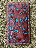 Men's Tan Tooled Leather Turquoise Underlay Whipstitch Checkbook Wallet