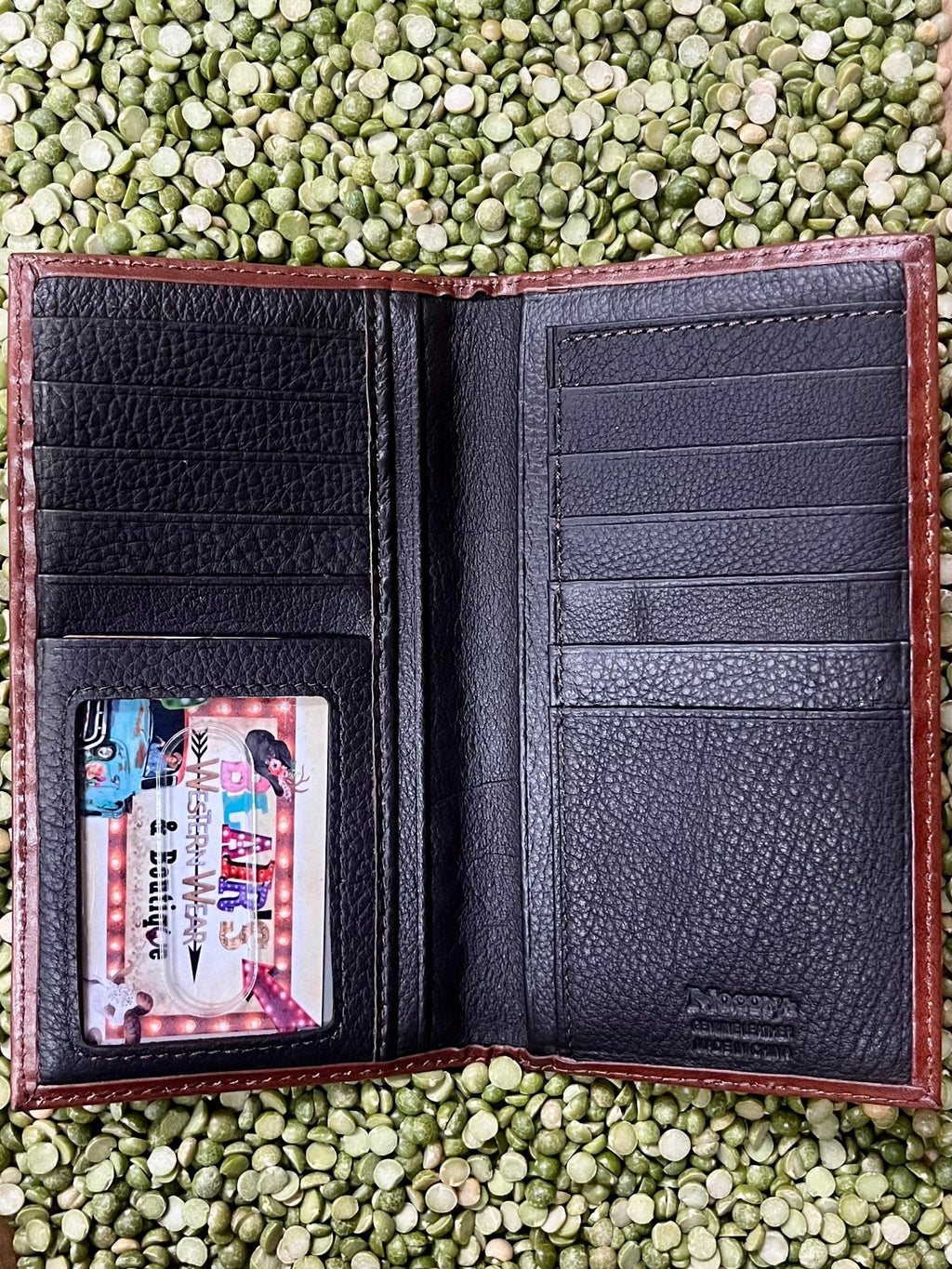 Men's Tan Tooled Leather Turquoise Underlay Whipstitch Checkbook Wallet