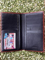 Men's Tan Tooled Leather Turquoise Underlay Whipstitch Checkbook Wallet