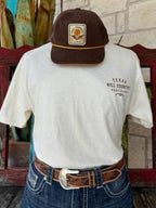 Men's Short Sleeve in Yellow and Natural, featuring a playful Western-themed bordered by rustic fence details - CHILL COUNTRY. Available at Blair's Western Wear, Marble Falls, TX.
