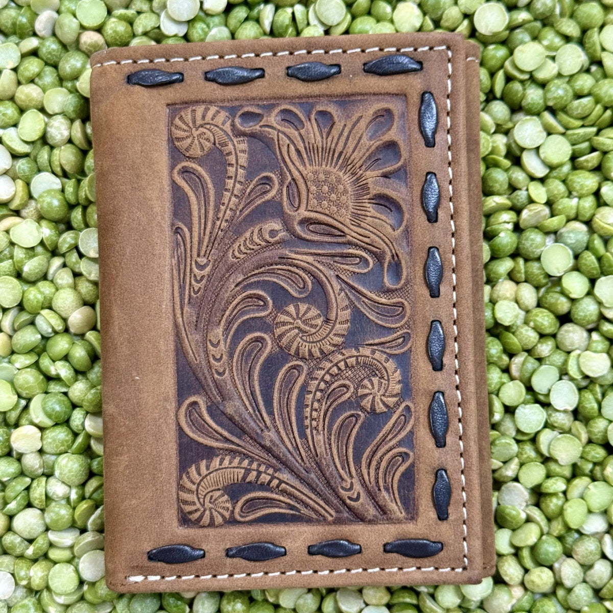 Men's Tooled Leather Inlay Rawhide Stitch Trifold Wallet