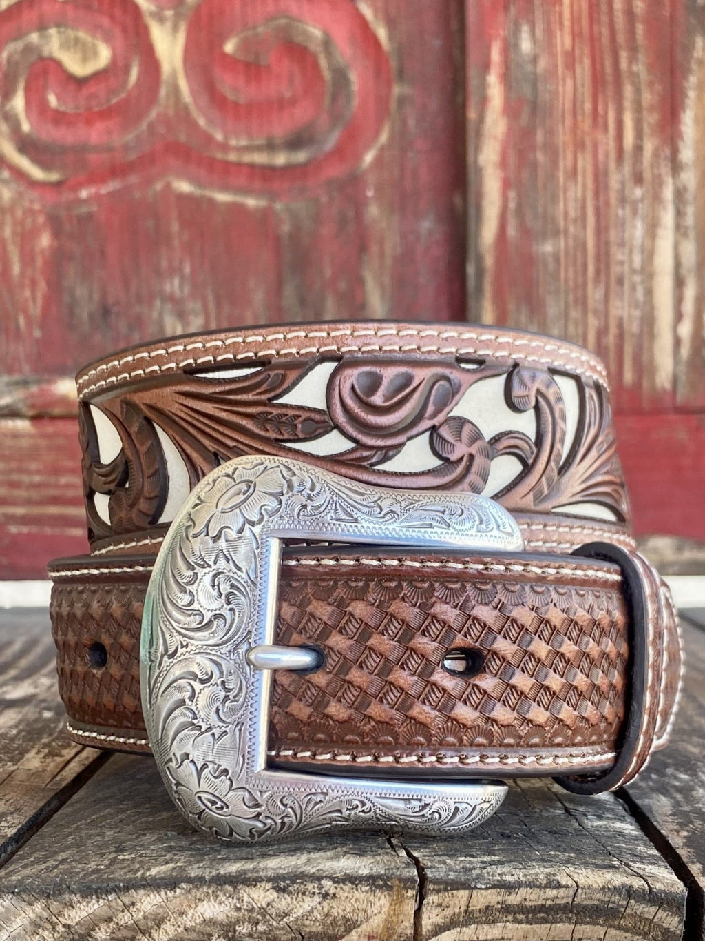 Men's Tooled Overlay on White Smooth Inlay & Basket Weave Tooling - N210003808 - Blair's Western Wear Marble Falls,TX 