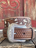Men's Tooled Overlay on White Smooth Inlay & Basket Weave Tooling - N210003808 - Blair's Western Wear Marble Falls,TX 