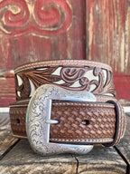 Men's Tooled Overlay on White Smooth Inlay & Basket Weave Tooling - N210003808 - Blair's Western Wear Marble Falls,TX 