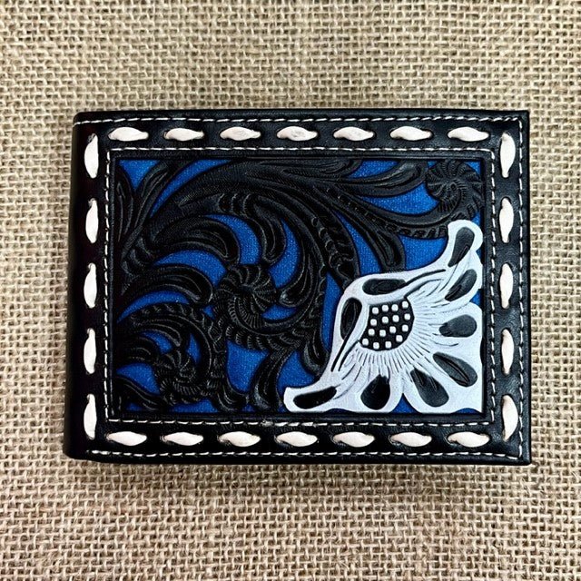 Men's Tooled Overlay Rawhide Stitch Bifold Wallet