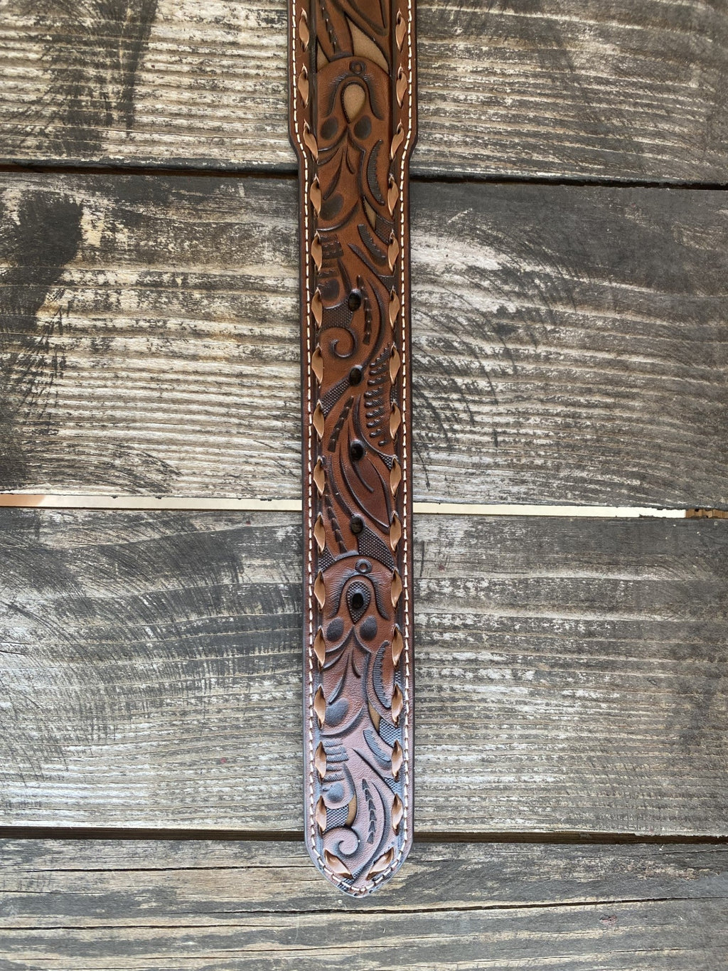 Men's Tooled Overlay Tan Whipstitch Belt