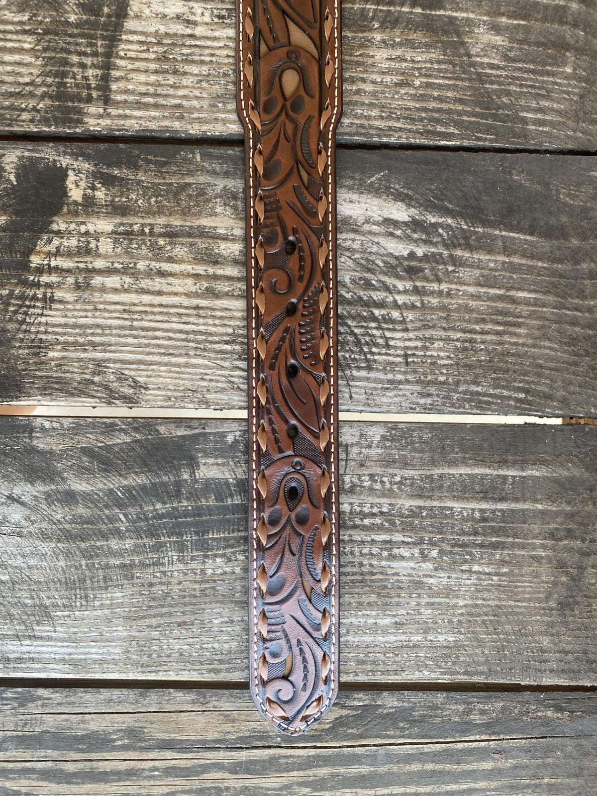 Men's Tooled Overlay Tan Whipstitch Belt
