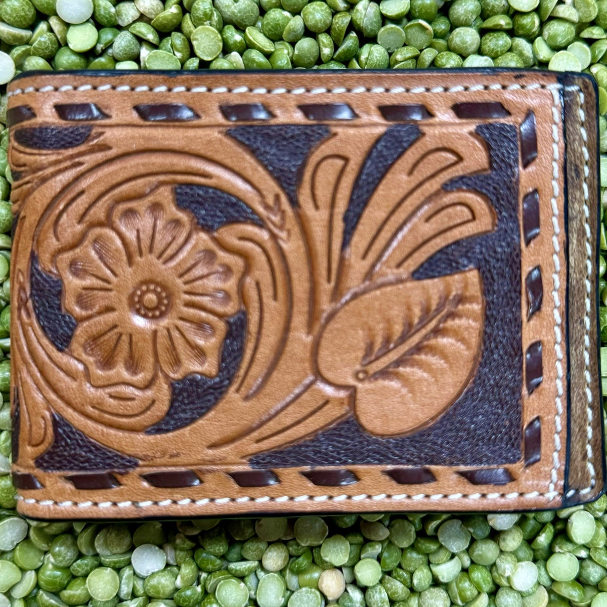 Men's Tooled Tan Leather Money Clip Bifold Wallet