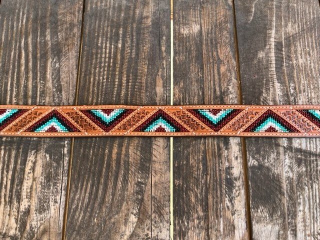 Men's Triangle Inlay Beaded Tooled Leather Belt