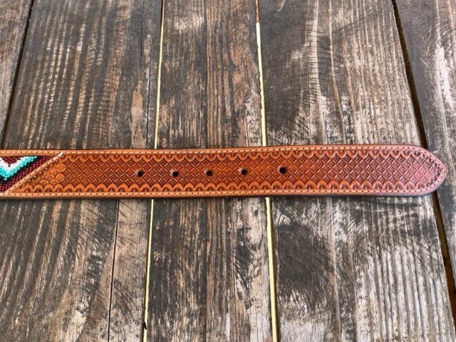 Men's Triangle Inlay Beaded Tooled Leather Belt