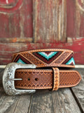 Men's Triangle Inlay Beaded Tooled Leather Belt